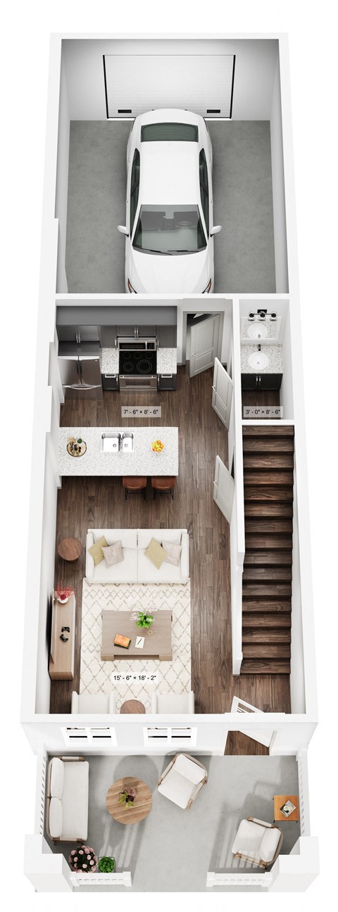 a floor plan of a 1 bedroom apartment with a car in the garage